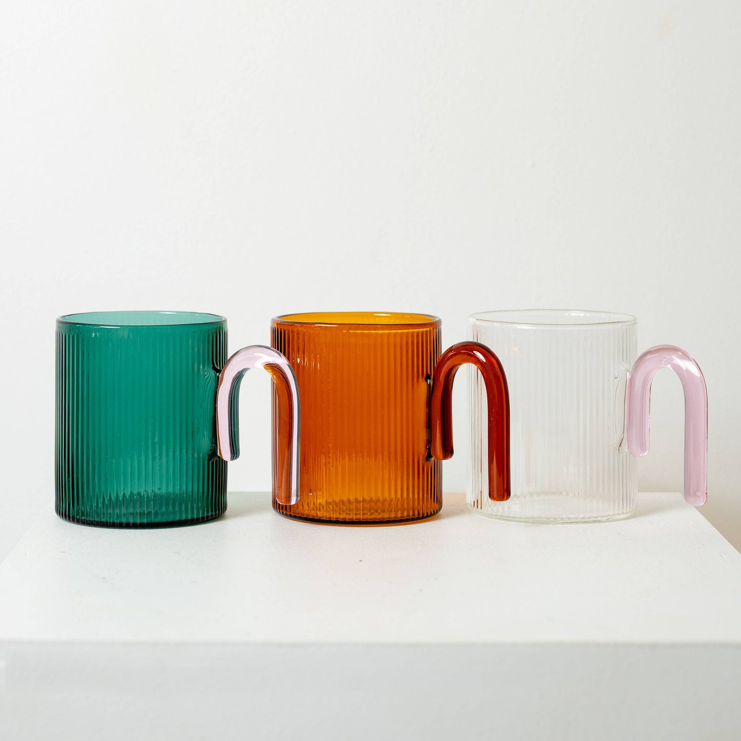 Archer Ribbed Glass Cup: Bottle Green / Taffy Pink