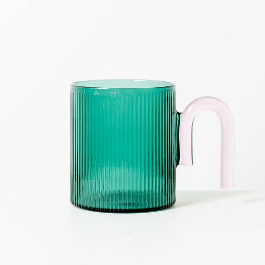 Archer Ribbed Glass Cup: Bottle Green / Taffy Pink